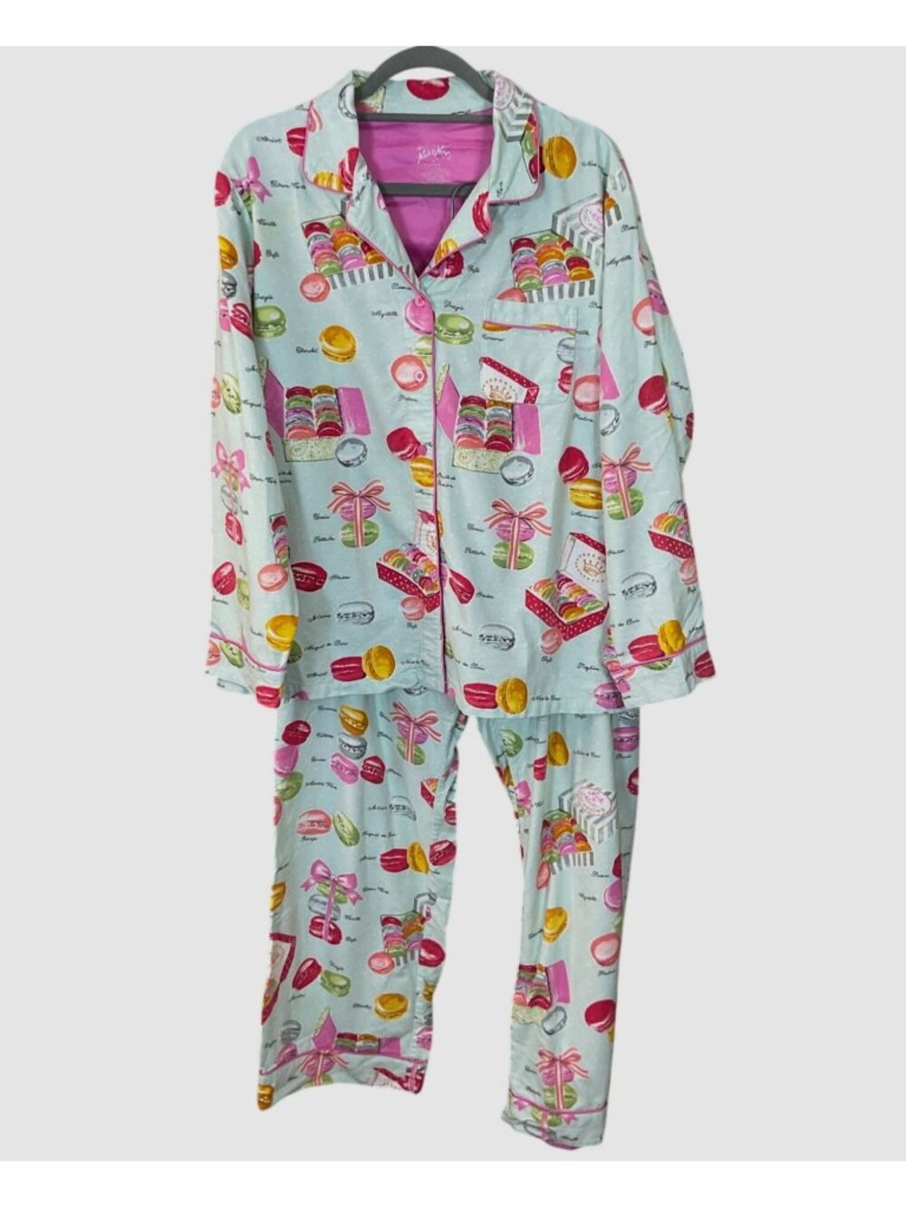 Nick & Nora LS Flannel Mint Polka Dot Macaron Pastry Print Pink Trim PJ Set XL